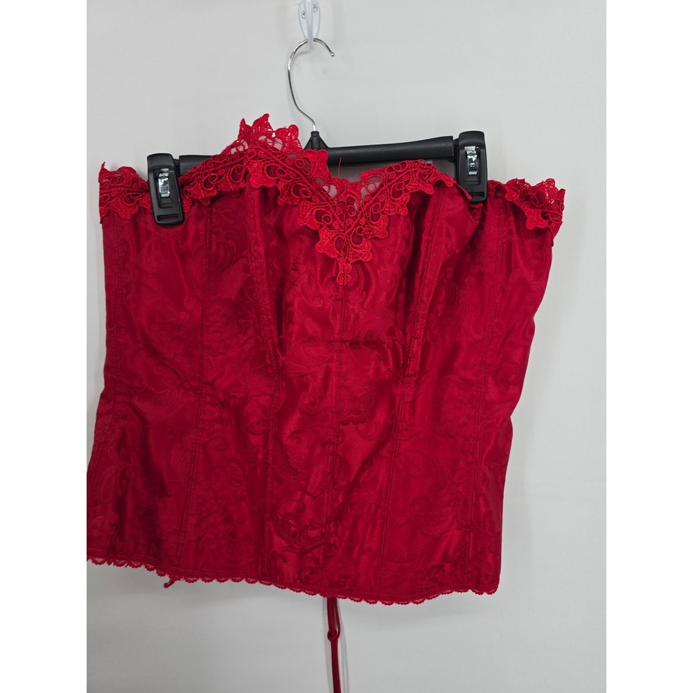 Fredericks of Hollywood Red‎ Jacquard Lace Up Corset Top Lace Trim Size 44